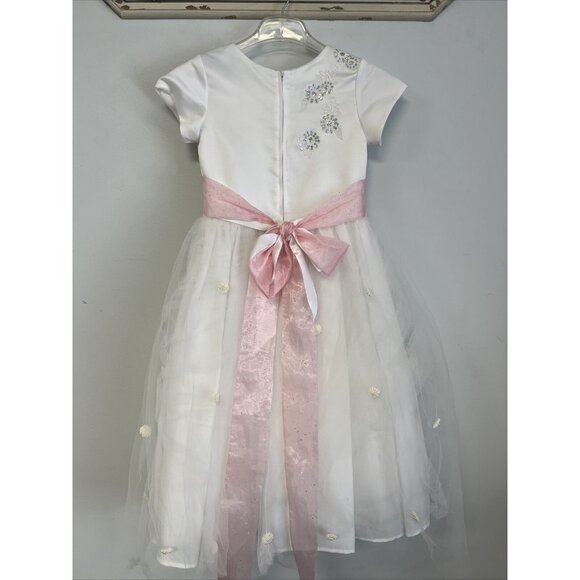 US Angels Flower Girls Dress White Silver Sparkle Pink Ribbon size 8 - Picture 3 of 7